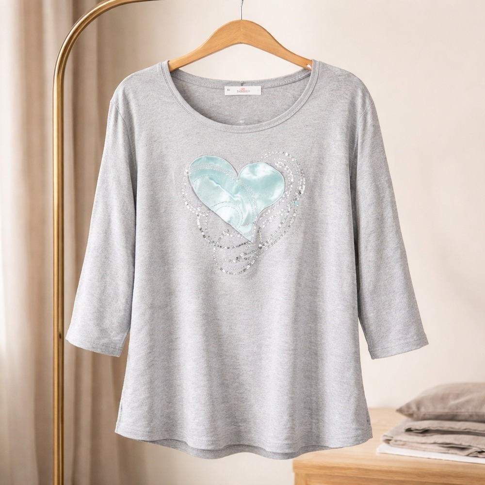 Quacker Factory XL Gray Heart Sequin Embroidered 3/4 Sleeve Top Fairy Whimsical